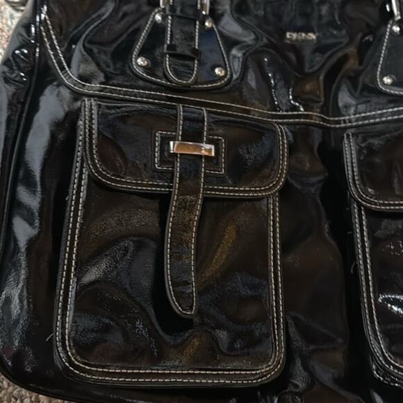 DNKY Black Patent Leather Y2K 80s Dark Academia Goth Handbag Purse Travel Bag - Picture 5 of 8